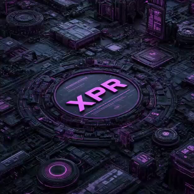 The image features a large, black circuit board with various electronic components such as resistors, capacitors, and transistors. The circuit board has a purple circle containing the word "XPR" written inside of it. The background of the image is dark purple, which contrasts with the white text on the circuit board. There are also other elements in the image that include a computer screen, a keyboard, and a mouse.