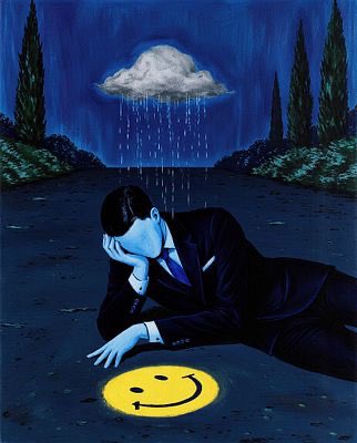 A surreal painting of a blue-skinned man in a dark suit lying on the ground beneath a small rain cloud, with a yellow smiley face drawn on the pavement beside him.