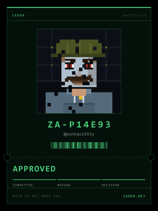 A digital 'ZADOR WHITELIST' certificate showing pixel art character with a green hat approved, with the ID 'ZA-P14E93' and username '@punkguildty'.