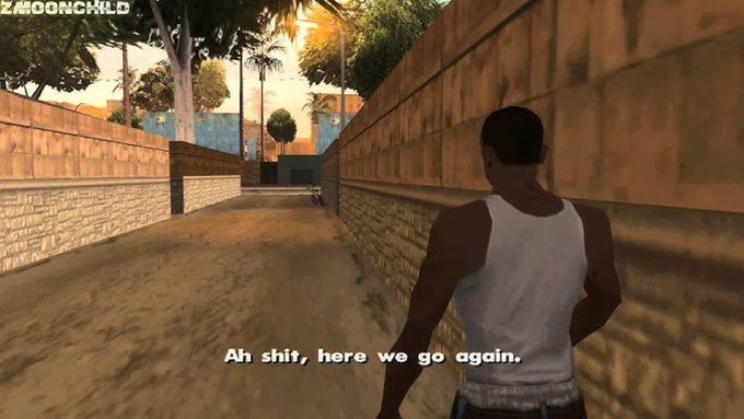 A screenshot from *Grand Theft Auto: San Andreas* shows protagonist CJ in a white tank top walking through an alleyway, with the subtitle "Ah shit, here we go again." visible on screen and the watermark "ZMOONCHILD" in the top left corner.

The image pairs with the "gm CT let's win!" message as a humorous "Monday morning/Friday feeling" mood—using CJ's exasperated line to convey reluctant readiness to tackle the trading week.