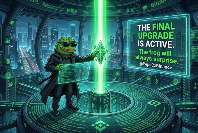 A Pepe the Frog meme styled as a cyberpunk hacker in a black coat and sunglasses holding a glowing green diamond, with text reading 'THE FINAL UPGRADE IS ACTIVE. The frog will always surprise.' by @PepeCzBinance.