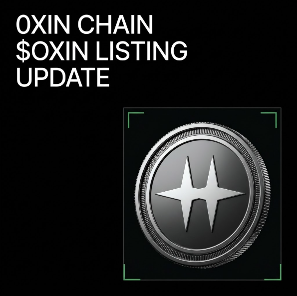 The image features a sleek silver coin emblem with a stylized "H" or compass-like design, framed by green corner brackets on a black background, accompanied by the bold white text "OXIN CHAIN $OXIN LISTING UPDATE." It visually reinforces the accompanying announcement of $OXIN's upcoming Tier-1 exchange listing in January/February 2027.