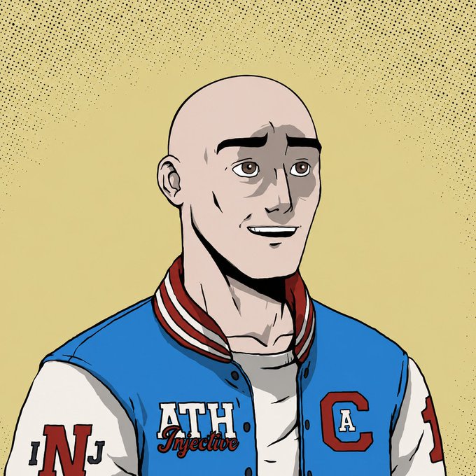 An illustration of a bald smiling character wearing a blue and white varsity jacket with 'ATH.', 'Injective', 'N', and 'C' lettering against a yellow dotted background.