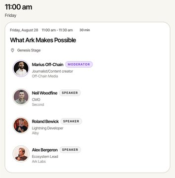 A calendar event scheduled for Friday, August 28 at 11:00 am - 11:30 am titled "What Ark Makes Possible" at Genesis Stage, listing moderator Marius Off-Chain and speakers Neil Woodfine, Roland Bewick, and Alex Bergeron.