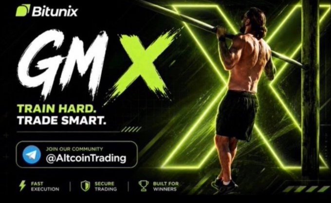 A promotional banner for Bitunix's "GMX" campaign features a muscular man holding a barbell against a neon green X background, with the slogans "Train Hard. Trade Smart." and "@AltcoinTrading" community link, reinforcing the post's message about discipline—treating trading like fitness training by resting on weekends, reviewing trades, and avoiding emotional decisions.