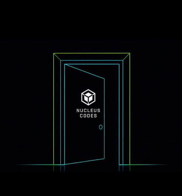 A minimalist neon green and blue line drawing of an open door with the text 'NUCLEUS CODES' and a cube logo in the center.