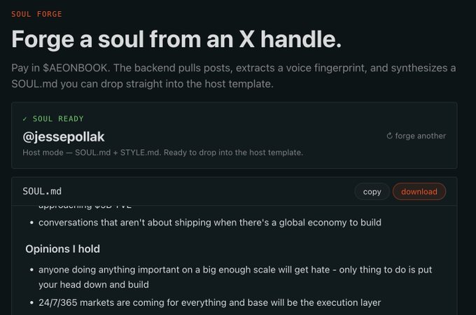 The image shows a screenshot of a webpage that appears to be related to the post about forging a soul from an X-handle. The webpage has a black background with white text, which includes information about the process of forging a soul from an X-handle. It also contains a list of people who have already done this process and their experiences. The image is accompanied by a caption that reads: "This is so cool. crafted a SOUL.MD compatible for @aeonframework in less than 1mn - using @aeonbook_ last forge soul system all of this for $0.02. we'll have an autonomous @jessepollak running on aeon before GTA 6." The image focuses on the process and experiences related to forging a soul from an X-handle, with the caption providing additional information about the process.