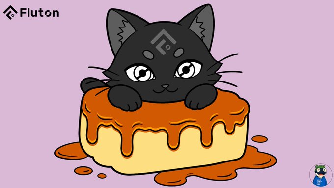 A cartoon illustration by Fluton featuring a black cat peeking out from the top of a dripping, orange-glazed pastry on a light purple background.