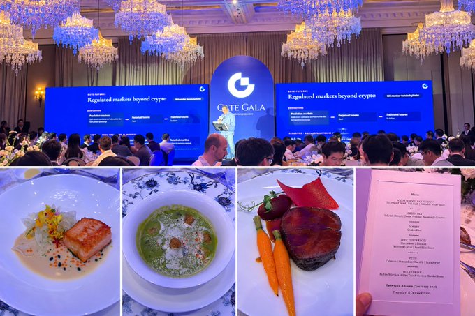 A collage shows a 'GATE GALA' event with screens reading 'Regulated markets beyond crypto,' along with photos of plated dishes and a menu.