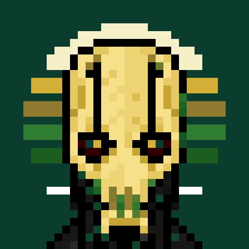 A pixel art character illustration of a creature with an elongated yellow face, red eyes, and green/teal appendages against a dark green background.