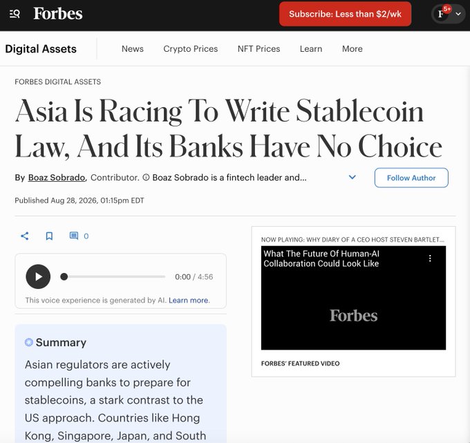A Forbes Digital Assets article titled 'Asia Is Racing To Write Stablecoin Law, And Its Banks Have No Choice' by Boaz Sobrado, published August 28, 2026, featuring an AI-generated voice summary.