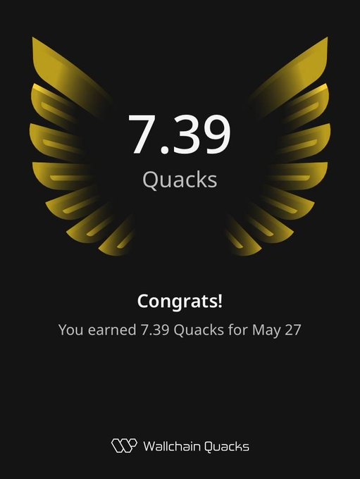 The image shows a poster or card that displays an award, possibly for Quacks, given out by Wallchain Quacks. The main focus of the image is a gold bird's wing with a number 7.39 written below it. This number represents the Quacks Quack reward system, where users earn points based on their Quack-related activities and can exchange these points to receive rewards in the form of Quacks.