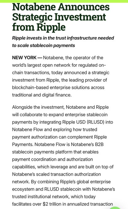 A press release announcement titled "Notabene Announces Strategic Investment from Ripple," detailing Ripple's investment to scale stablecoin payments through integration of Ripple USD (RLUSD) into Notabene Flow, with Notabene's network facilitating over $2 trillion in annualized transactions.
