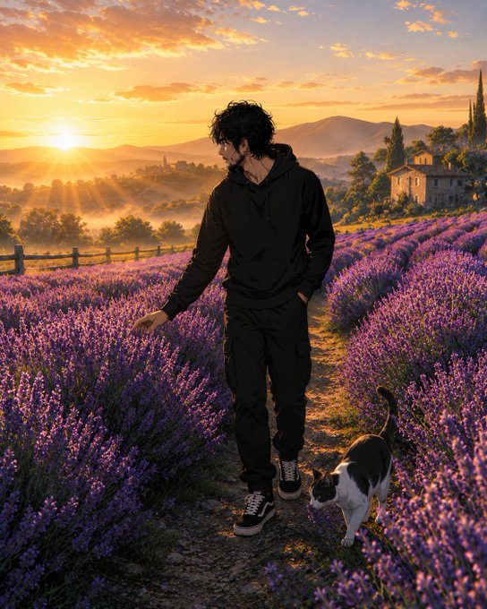 An illustrated man in black clothing walks through a lavender field with a black and white cat at sunset.