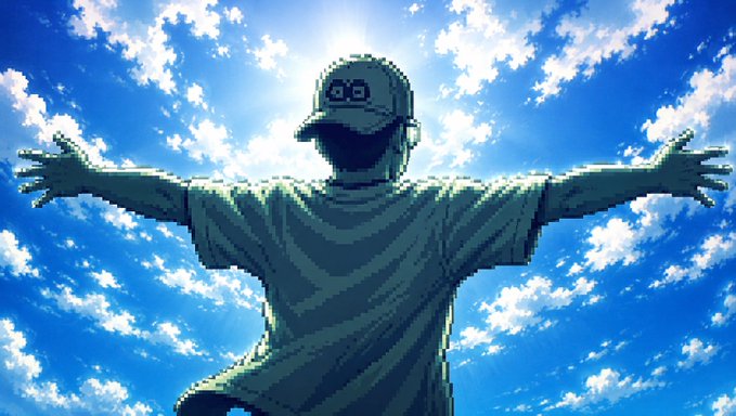 A pixel-art style figure wearing a cap and t-shirt stands with outstretched arms silhouetted against a bright sun and cloudy blue sky.