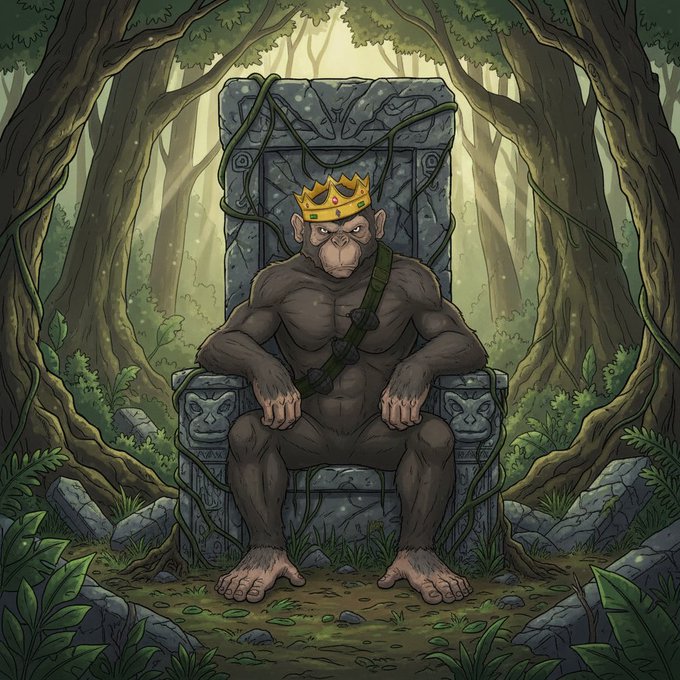 A cartoon illustration of a muscular gorilla wearing a gold crown and a bandolier, sitting on a stone throne carved with lion motifs in a lush jungle setting.