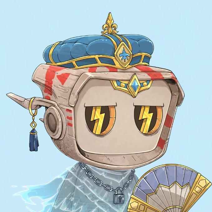 A cartoon robot character wearing an ornate blue and gold crown, holding a fan, with glowing yellow lightning-bolt eyes.