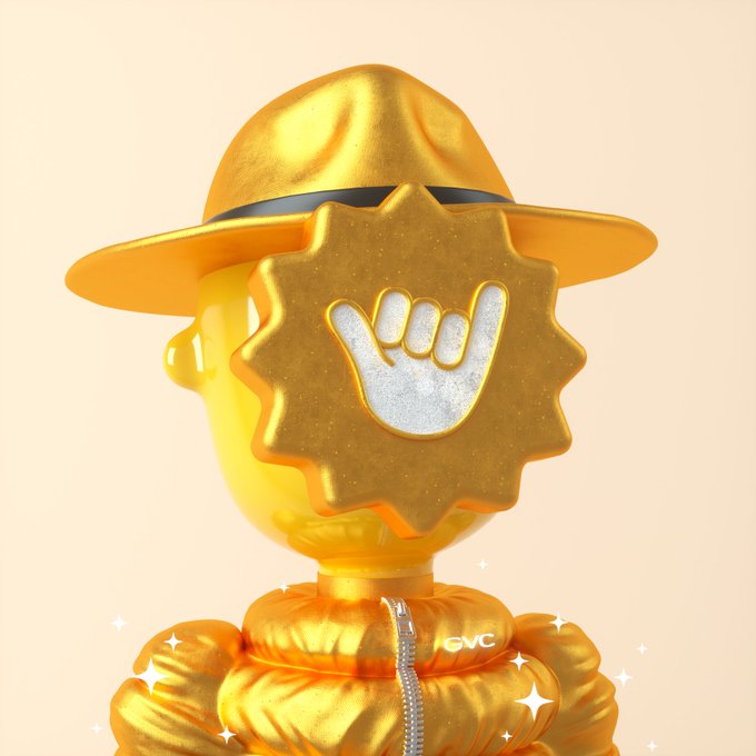A 3D-rendered, all-gold humanoid figure wearing a wide-brimmed hat and a puffy jacket with the text "GVC" on the zipper, its face obscured by a star-shaped golden badge displaying a white "rock on" hand sign.
