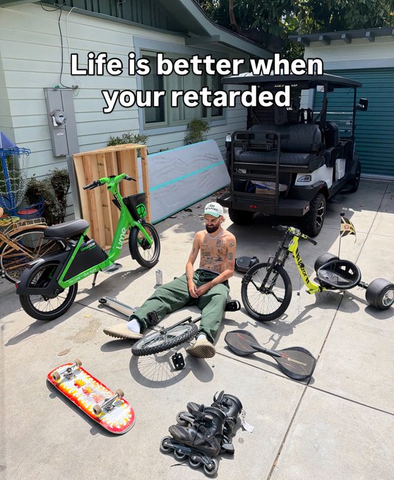 A man sits on a driveway surrounded by an assortment of personal vehicles—e-bikes, inline skates, a skateboard, and a golf cart—with text overlay reading "Life is better when your retarded," fitting the "Solana Summer" vibe of an eclectic, fun-loving lifestyle.