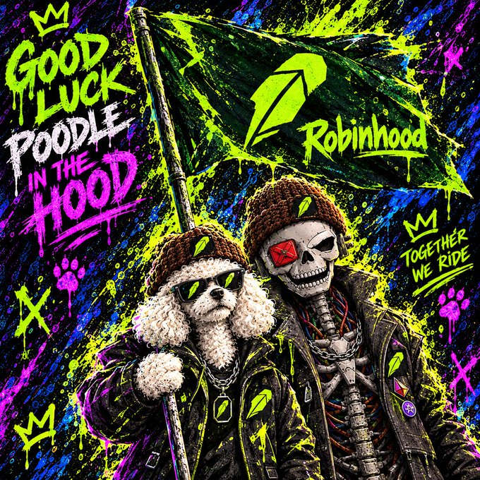 A vibrant, graffiti-style graphic features a skull and a white poodle wearing sunglasses, both in leather jackets and beanies, holding a flag with the text 'Good Luck Poodle in the Hood', 'Robinhood', and 'Together We Ride'.
