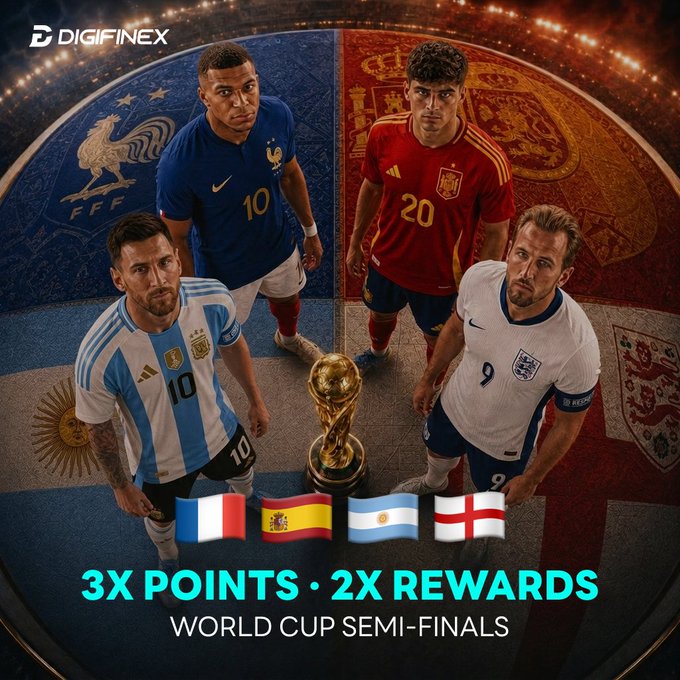 Digifinex promotional graphic for World Cup semi-finals featuring soccer players from France, Spain, Argentina, and England, offering '3X POINTS • 2X REWARDS'.