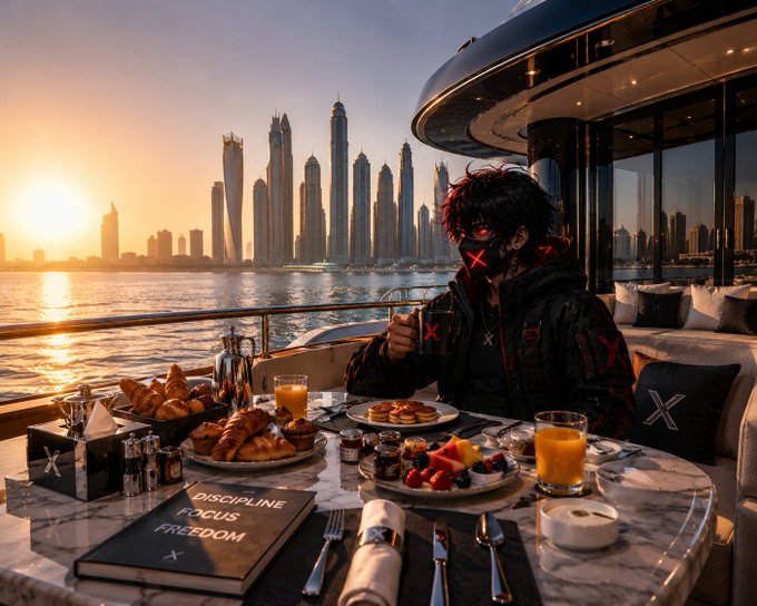 A masked figure in a black outfit sits at a luxurious yacht breakfast table featuring croissants, fruit, and orange juice, with the Dubai Marina skyline visible at sunset, accompanied by a book titled 'DISCIPLINE FOCUS FREEDOM'.
