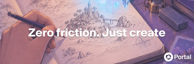 A hand sketches a fantasy castle scene in an open notebook, with the bold tagline "Zero friction. Just create." displayed above the Portal logo in the bottom corner—reinforcing the post's message that creative momentum shouldn't be lost to complex tech stacks and context switching.