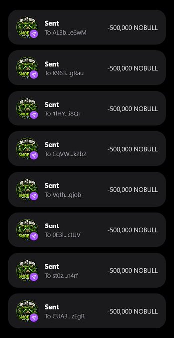This image shows multiple transactions of -500,000 $NOBULL being sent to various Solana addresses, confirming the distribution mentioned in the accompanying post.