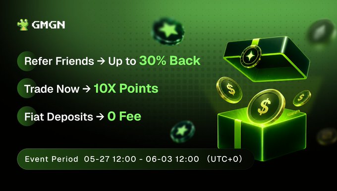 In this image, a digital advertisement for a mobile app called "gmgn" can be seen. The main focus of the ad is a green box filled with gold coins symbolizing rewards. The text above the box states that the app is available in different currencies and offers a unique way to earn rewards through trading various cryptocurrency tokens. Additionally, there are three star icons in the image, indicating the promotion of these tokens or cryptocurrencies within the app.