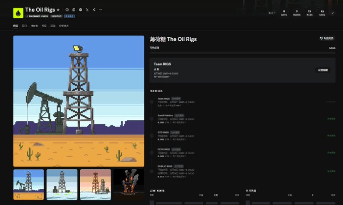 A webpage for an NFT collection called 'The Oil Rigs' by Team RIGS on Magic Eden, showing pixel art oil rigs in a desert setting with stats like floor price and listed items.