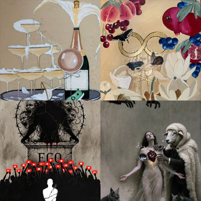 A four-panel artwork collage featuring champagne glasses, fruits and butterflies, screaming figures with 'ECO' text, and a woman with a sheep-headed figure.