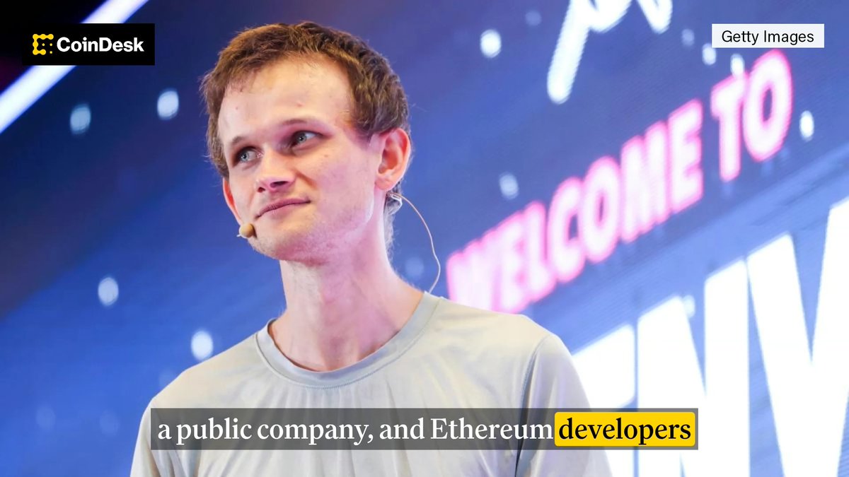 A CoinDesk/Getty Images article showing a young man speaking on stage with 'WELCOME TO' text in the background, captioned 'a public company, and Ethereum developers.'
