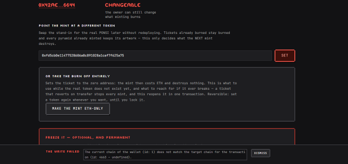 A "CHANGEABLE" settings panel for an NFT mint displays a token ID input field and options to "POINT THE MINT AT A DIFFERENT TOKEN" and "MAKE THE MINT ETH-ONLY," with a note that the owner can change what minting burns. An error at the bottom states "THE WRITE FAILED" because the wallet chain ID does not match the target chain for the 0x42ac...6644 contract, contrasting with the post's description of a 3,333 supply ponzi NFT collection on Rh that mints for ETH and $PONSI.