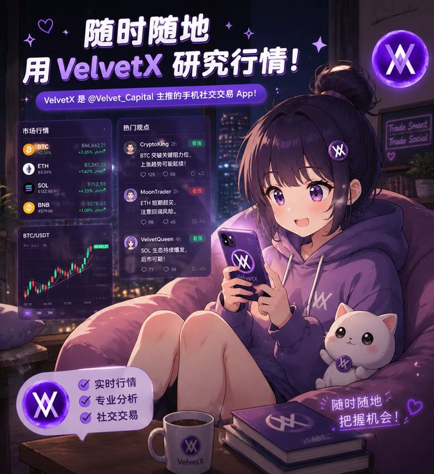 An anime-style promotional advertisement for 'VelvetX', a mobile social trading app by @Velvet_Capital, featuring an illustrated girl using a smartphone alongside market data for BTC, ETH, SOL, and BNB.