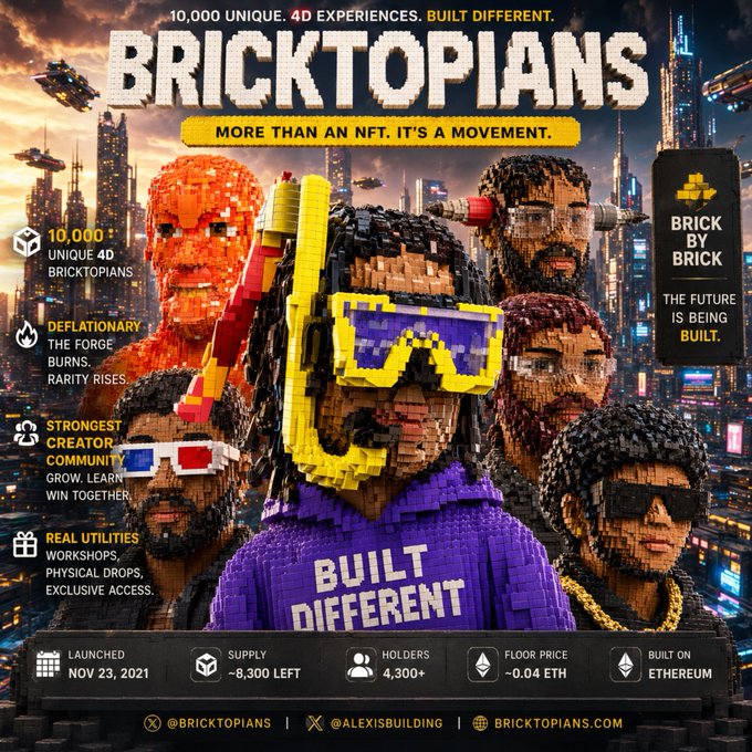 A promotional graphic for 'BRICKTOPIANS' NFT project, featuring 10,000 unique 4D Lego-style brick characters, with details including a deflationary token launched Nov 23, 2021, built on Ethereum, with a floor price of ~0.04 ETH and over 4,300 holders.