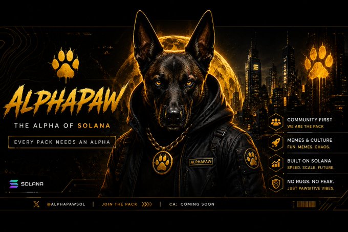 A promotional banner for "ALPHAPAW" cryptocurrency, featuring a German Shepherd wearing a leather jacket with a gold paw medallion, set against a moonlit city skyline with the tagline "THE ALPHA OF SOLANA."