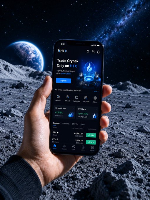 A hand holds an iPhone displaying the HTX crypto trading app—showing BTC at $65,783.27 (+3.48%) and ETH at $3,126.38 (+5.54%)—against a surreal moon landscape with Earth rising in the starry background. The cosmic setting visually echoes the post's "Moon mission" theme, with the app screen symbolizing the first small steps toward crypto's "moonshot" gains.
