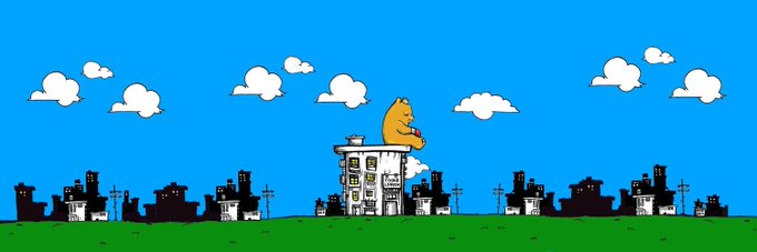 A pixel art scene showing Garfield the cat sitting on top of a small white house in a city skyline with black buildings against a blue sky with white clouds.