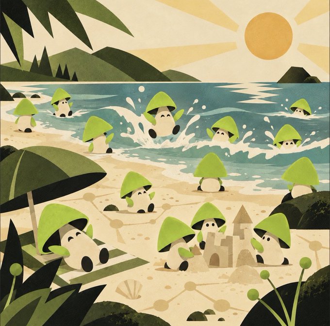 An illustrated beach scene depicts cute cartoon mushroom characters with green caps and smiling faces enjoying various seaside activities—splashing in the waves, lounging under a beach umbrella, and building sandcastles—set against a sunny coastal landscape with palm leaves and a rising sun, playfully representing the expanding "SHROOM extended universe" community having fun together.