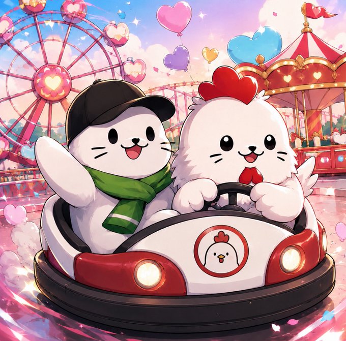 A cute cartoon illustration of two white cats in a bumper car at an amusement park, with a Ferris wheel, heart-shaped balloons, and a carousel in the background.