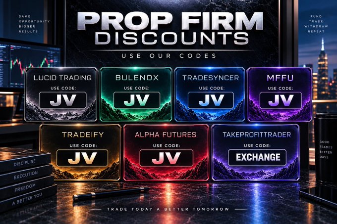 Promotional graphic titled 'PROP FIRM DISCOUNTS' advertising discount codes 'JV' and 'EXCHANGE' for various trading firms including Lucid Trading, Bulenox, TradeSyncr, MFFU, Tradeify, Alpha Futures, and TakeProfitTrader.