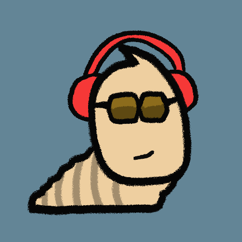 A simple cartoon drawing of a bald figure wearing red headphones and dark sunglasses on a blue background.