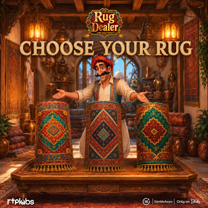 A cheerful turbaned rug merchant stands in an ornate Middle Eastern shop with arms outstretched, presenting three intricately patterned rolled rugs labeled "Rug Dealer" with the prompt "CHOOSE YOUR RUG" prominently displayed. The image aligns with the social post inviting viewers to choose between rugs 1, 2, or 3, tying into the #RTPLabs #RugDealer #Stake branded campaign.
