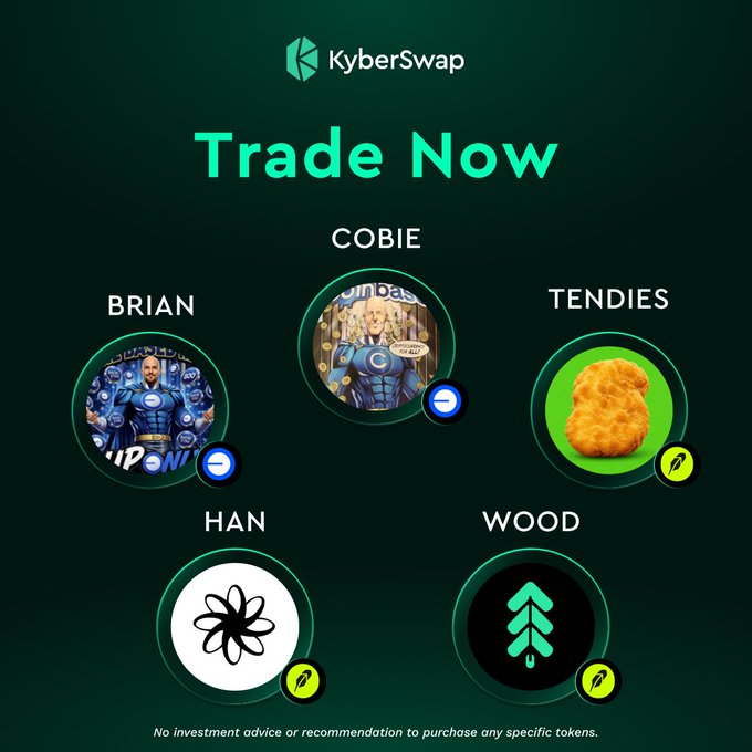A KyberSwap promotional graphic with a dark green background displays the KyberSwap logo and "Trade Now" headline, featuring circular tokens for BRIAN, COBIE, TENDIES, HAN, and WOOD, each marked with Base or KyberSwap icons. A disclaimer at the bottom notes "No investment advice or recommendation to purchase any specific tokens."