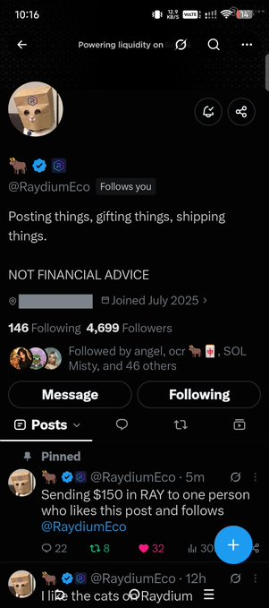 Twitter/X profile page for @RaydiumEco, a verified account with 4,699 followers, featuring a pinned post about sending $150 in RAY to followers.