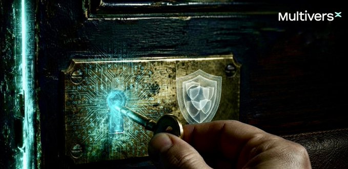A dark, atmospheric image showing a hand holding a key with a glowing circuit/keyhole design near a vintage metal lock, featuring a shield icon and the 'MultiversX' logo in the top right corner.