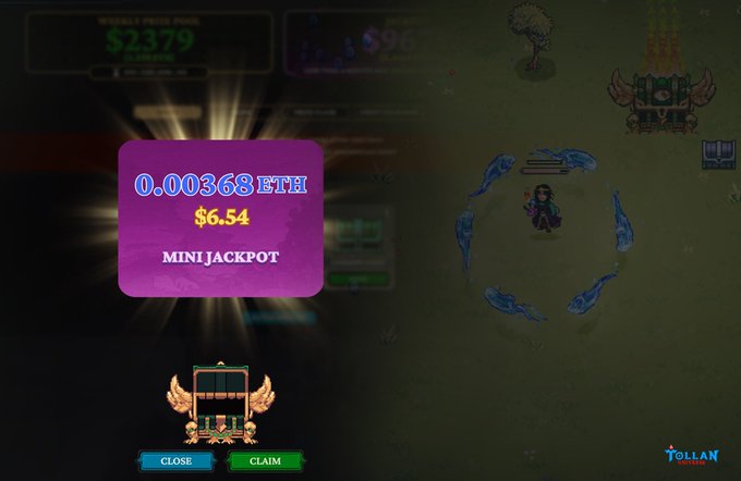 A screenshot from a game called 'TOLLAN' showing a 'MINI JACKPOT' reward of '0.00368 ETH / $6.54' popping up, with a character standing near water effects in a grassy field and buttons to 'CLOSE' or 'CLAIM'.