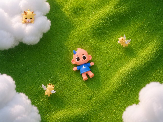 A 3D rendered cartoon scene shows a small blue-shirted character with horns lying on bright green grass, surrounded by fluffy white clouds and small winged yellow creatures.