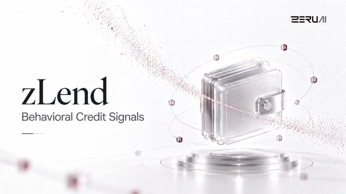 A promotional graphic displays a metallic wallet graphic with the text 'zLend Behavioral Credit Signals' and 'ZERUI' branding.
