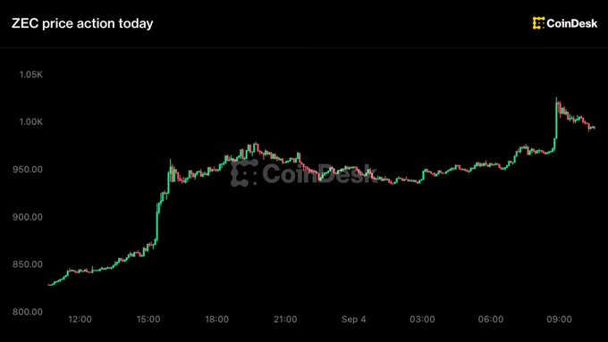 A CoinDesk chart shows ZEC price action over a roughly 24-hour period, climbing from around $825 to a peak above $1,020 before pulling back slightly. The visualization supports the headline of ZEC breaking the $1,000 milestone with a 20% rally, capturing the sharp morning surge and subsequent volatility.
